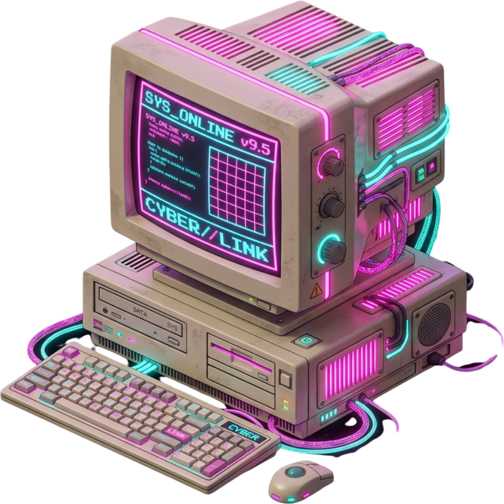 Computadora retro con iluminación turquesa y rosa